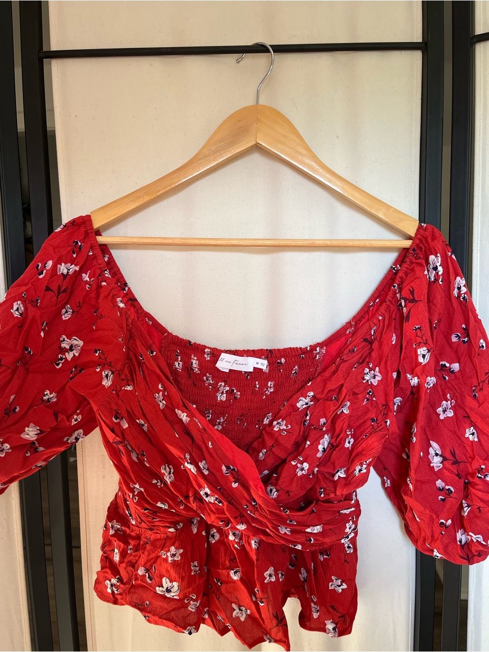 All in Favor Red Floral Puff-Sleeve Wrap Top